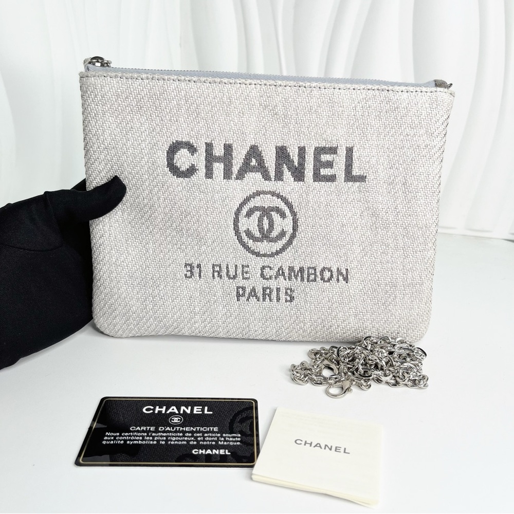 CHANEL Deauville logo bag logo Clutch bag Canvas Grey